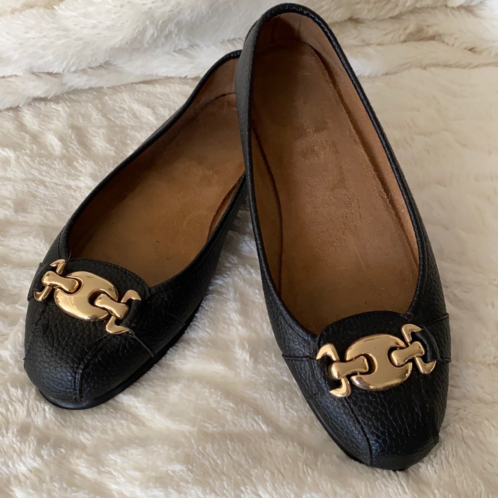 Ladies Black Ballet Flats with Gold Buckle